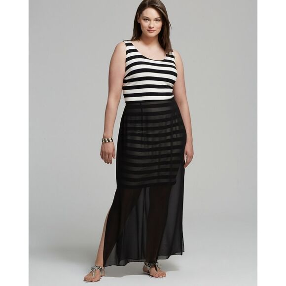 New! VINCE CAMUTO Chiffon Overlay Striped Plus Size Maxi Dress Black White - Picture 5 of 7